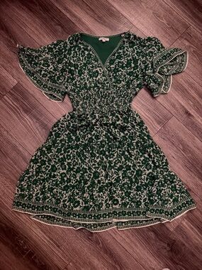 Max Studio Green Floral V-Neck Smocked-Waist Mini Dress